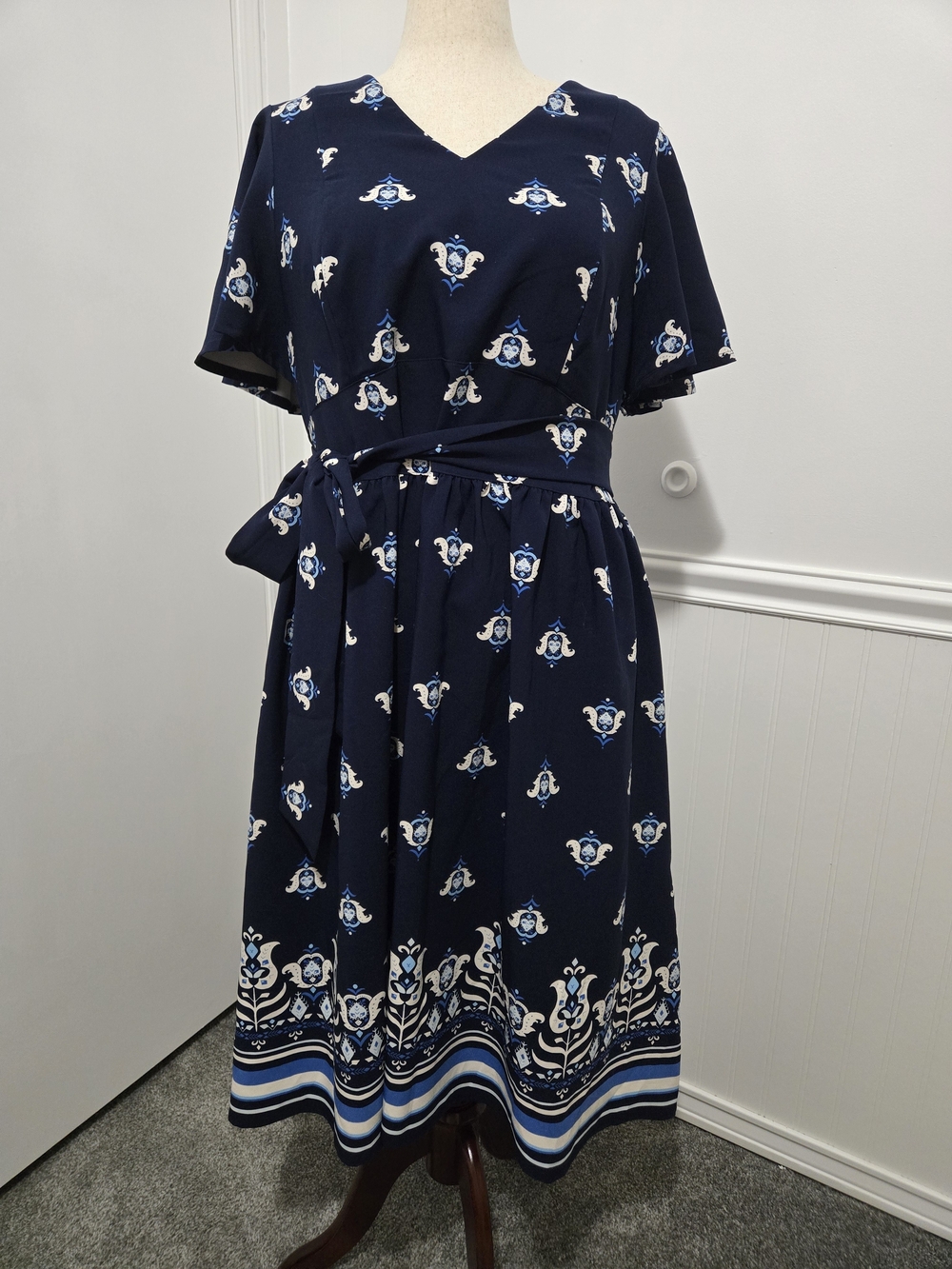 Lane Bryant Navy Blue Floral Midi Dress with Waist Tie